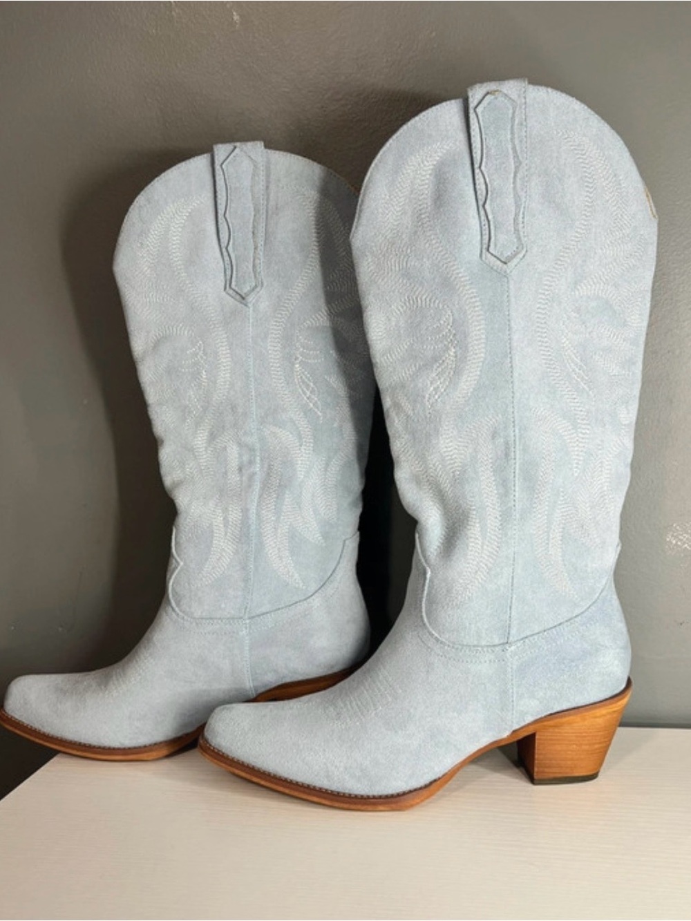 Light Blue Suede Western Cowboy Heeled Boots